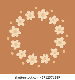 Lindo marco redondo con flores de margarita en colores beige suave aislado sobre fondo marrón.