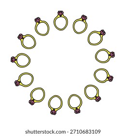 Cute round frame with doodle diamond rings isolated on white background.