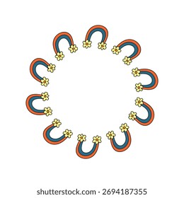 Cute round frame with doodle groovy rainbows and daisy flowers isolated on white background.