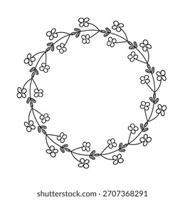Cute round frame with doodle outline canola rapeseed flowers isolated on white background.