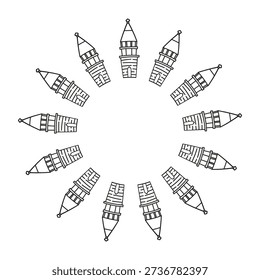 Cute round frame with doodle outline wooden churches or towers isolated on white background.