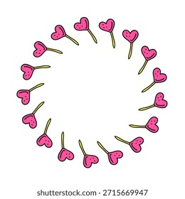 Quadro redondo bonito com pirulitos em forma de coração rosa doodle isolado no fundo branco.