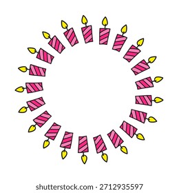 Cute round frame with doodle striped candles isolated on white background.