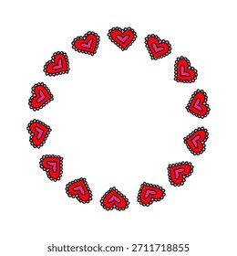 Lindo marco redondo con doodle tarjetas en forma de corazón de San Valentín aisladas sobre fondo blanco.