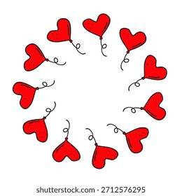 Lindo marco redondo con doodle en forma de corazón de San Valentín globos de helio aislados sobre fondo blanco.