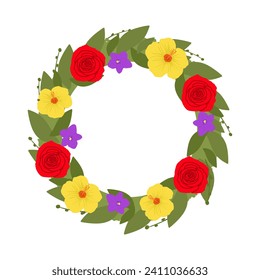 Cute round frame with flowers of yellow hibiscus, Violet flower and roses with space for text. Beautiful floral wreath for 8 march and Valentine's day isolated on white background. Vector illustration