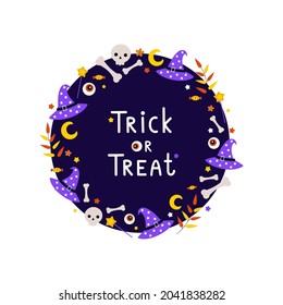 Cute round frame for Halloween cards or invitations. Vector illustration template with hand-drawn cartoon style witch hats, magic wands, eyes and moon on dark background
