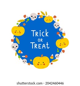 Cute round frame for Halloween cards or invitations. Vector illustration template with hand-drawn in cartoon style pumpkins and skulls