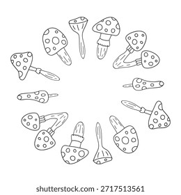 Cute round frame with hand drawn outline fly agaric amanita mushrooms isolated on white background. Autumn circle composition.