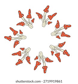 Cute round frame with hand drawn red fly agaric amanita mushrooms isolated on white background. Autumn circle composition.