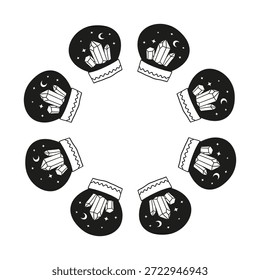 Lindo marco redondo con bolas de vidrio de bruja dibujadas a mano aisladas sobre fondo blanco. Composición del círculo celestial boho.