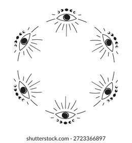 Marco redondo lindo con el ojo dibujado a mano que ve y fases de la luna aisladas en el fondo blanco. Composición del círculo celestial boho.