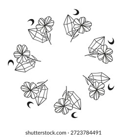 Cute round frame with hand drawn crystals, moon and flowers isolated on white background. Boho circle composition.