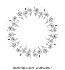 Quadro redondo bonito com flores desenhadas à mão, lua e estrelas isoladas no fundo branco. Composição do círculo boho.