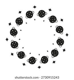 Quadro redondo bonito com planetas desenhados à mão e estrelas isoladas no fundo branco. Boho composição do círculo celeste.