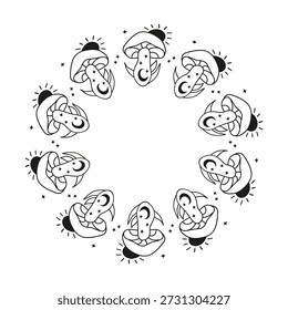 Cute round frame with hand drawn magic esoteric mushrooms, sun and moon isolated on white background. Mystic Boho circle composition.