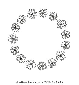 Netter runder Rahmen mit handgezeichneten Linienblumen einzeln auf weißem Hintergrund. Boho Kreis Zusammensetzung.