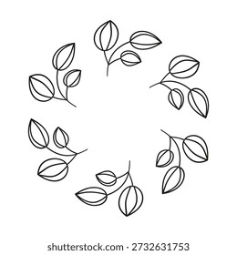 Moldura redonda fofa com mão desenhada esboço galhos folhosos ousados isolados no fundo branco.