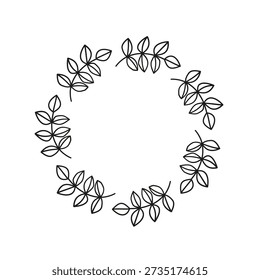 Cute round frame with hand drawn outline leafy twigs isolated on white background.