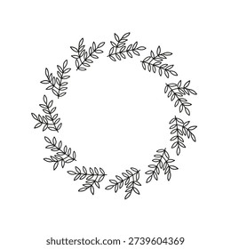 Cute round frame with hand drawn outline leafy twigs isolated on white background.