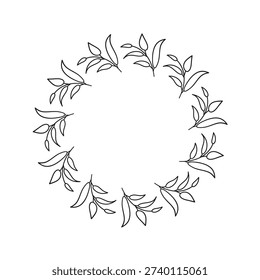 Cute round frame with hand drawn outline leafy twigs isolated on white background.