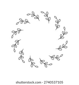 Cute round frame with hand drawn outline leafy twigs isolated on white background.