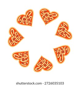 Cute round frame with heart shaped pepperoni pizza isolated on white background. Valentines day celebration.