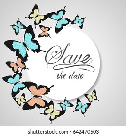 Cute round frame made of butterflies with place for your text. Colorful doodle card on a special occasion. Can be used for Valentine's Day, wedding design, scrapbook, invitations, postcard