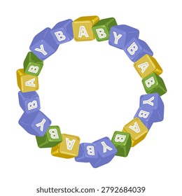 Cute round frame made of colorful baby alphabet blocks. Playful nursery wreath for baby shower cards, newborn announcements, birthday invitations and kids design.