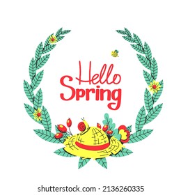 un bonito marco redondo de hojas y flores. temas vegetales. celebrando el comienzo de la primavera. se puede usar como postal, invitaciones, ilustraciones, etc.