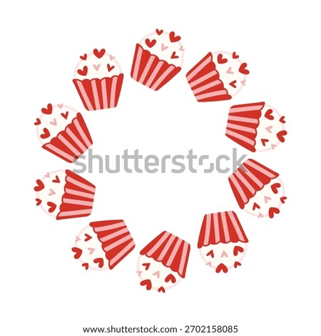 Cute round frame made of pink cupcakes with heart decorations. Sweet dessert circle design for Valentine, bakery branding, poster, invitation, and festive decor.