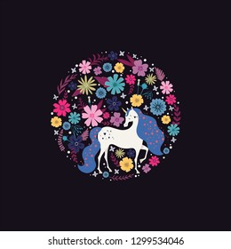 Cute round frame with a magic unicorn surrounded by flowers. Vector illustration for postcards, fabric printing, posters.