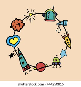 Cute round frame on a space theme. doodle. Hand drawing. vector