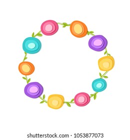 Cute round frame. Paper cut flowers. Vector applique illustration. Flat floral spring decoration for design celebrate flyer party banner, card, gift.