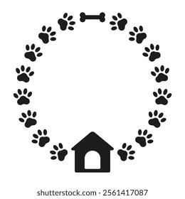 Cute round frame with paws, dog house and bone. Vector silhouette design for pet lovers. Decorative element for prints, banners, posters, packaging