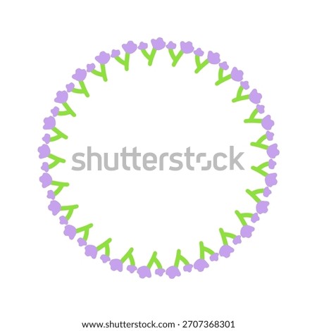 Cute round frame with petite wildflowers in soft lavender colors isolated on white background.