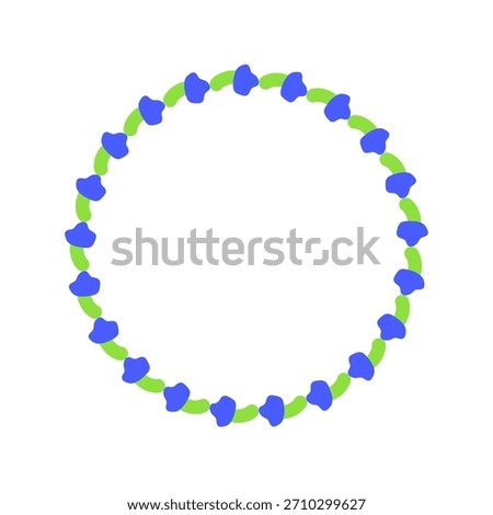 Cute round frame with petite wildflowers in blue colors isolated on white background.