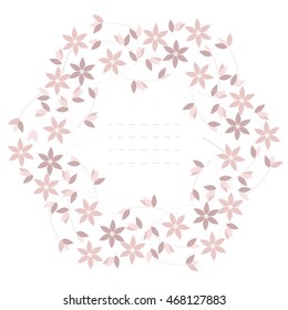 Cute round frame with pink flowers and leaves isolated on white background can be used for greeting card, baby shower invitation, wedding invitation and more designs.