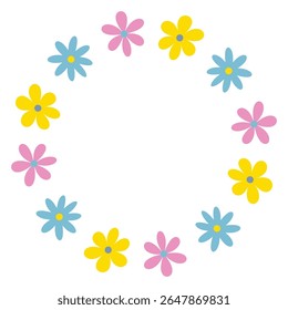 A cute round frame in a repeating pattern of flowers of different shapes and colors, yellow, pink and blue.