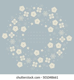 Cute round frame with snowflakes, flowers, stars and decorative elements can be used for invitations, greeting cards, covers and more designs.