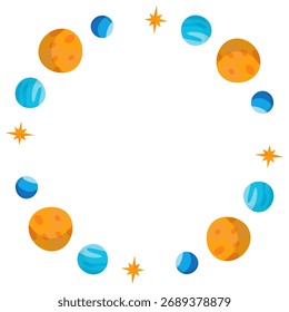 Un lindo marco redondo con estrellas y planetas. El diseño de Vector simple es perfecto para decorar diplomas, tarjetas y vacaciones.