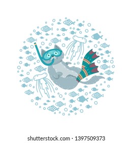 Cute round frame with a swimming cat surrounded by fishes. Cat diving in flippers and mask. Vector illustration can be used for postcards, fabric printing, poster, mug.