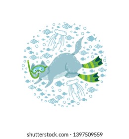 Cute round frame with a swimming cat surrounded by fishes. Cat diving in flippers and mask. Vector illustration can be used for postcards, fabric printing, poster, mug.