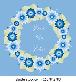 Cute round frame template with blue flowers and green leaves. Text sample in the blue background. Flat style illustration.