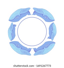 Cute round frame template with blue whales and copy space. White background. Doodle hand drawn style illustration. Vector.