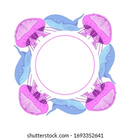 Cute round frame template with blue whales, pink jellyfish and copy space. White background. Doodle hand drawn style illustration. Vector.