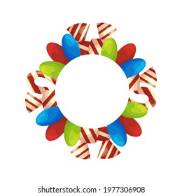 Cute round frame template with candies and copy space. White background. Flat style illustration.