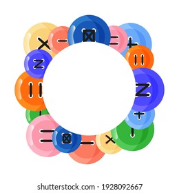 Plantilla de marco redondeado con botones redondeados de diferentes formas con puntos y espacio de copia. Fondo blanco. Ilustración de estilo plano.