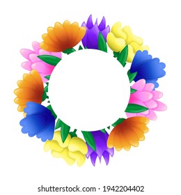 Cute round frame template with colorful flowers and copy space. White background. Flat style illustration.
