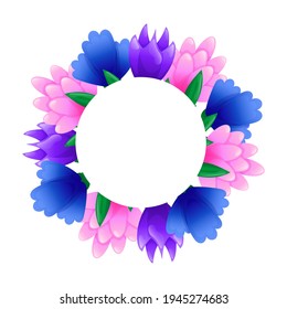 Cute round frame template with colorful flowers and copy space. White background. Flat style illustration.